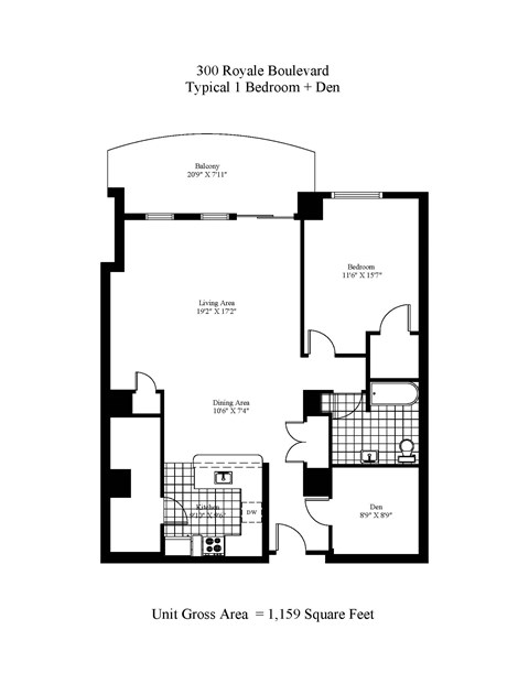 Floor plan for 1 bed, 1 bath, 1200 sqft